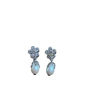 Floral Rhinestone Faux Pearl Bead Drop Earrings Silvertone Retro Minimalist